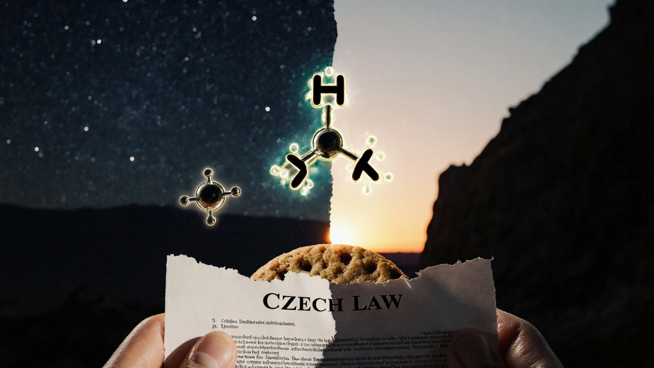 Molekulární struktura HHC nad právním dokumentem, Delta 8 vedle, ruce drží koláček ve světle a stínu.