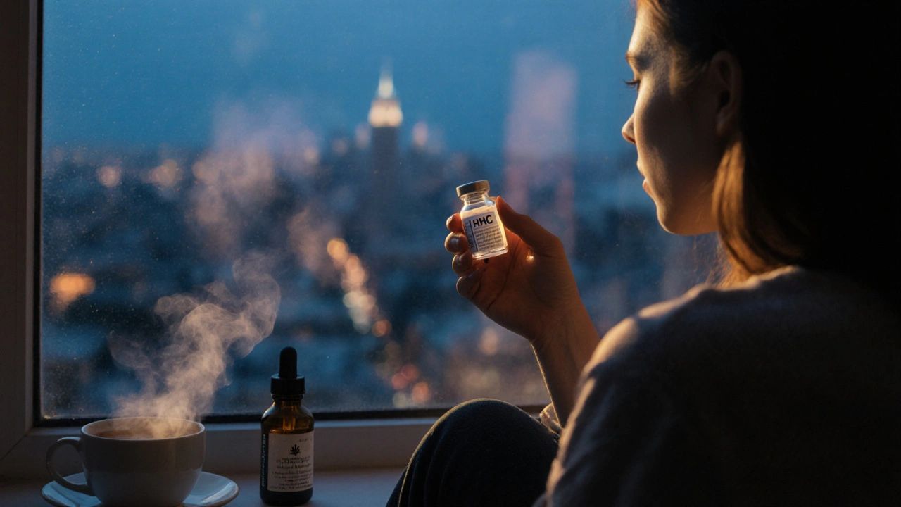 Osoba drží výrobek HHC s laboratorním certifikátem, vedle ní čaj a CBD olej ve večerním světle.