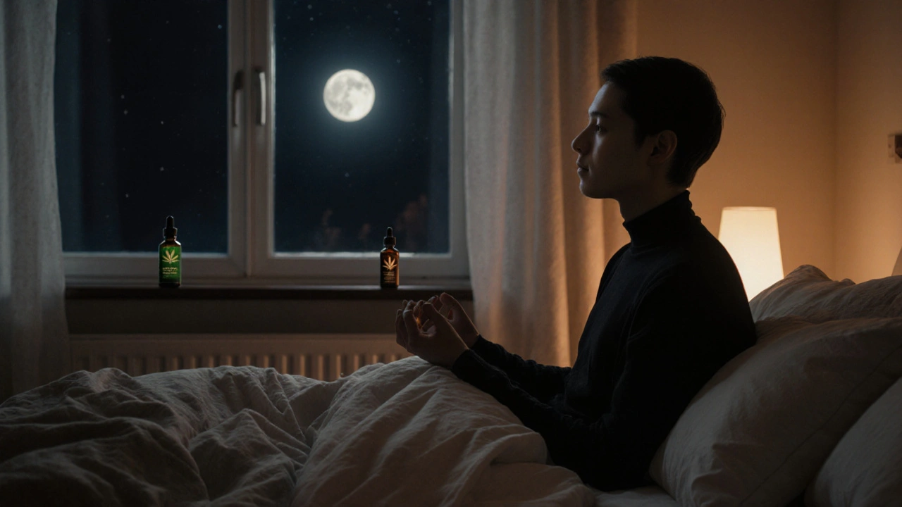 Osoba medituje v klidné ložnici s konopnou tinkturou při měsíčním světle.