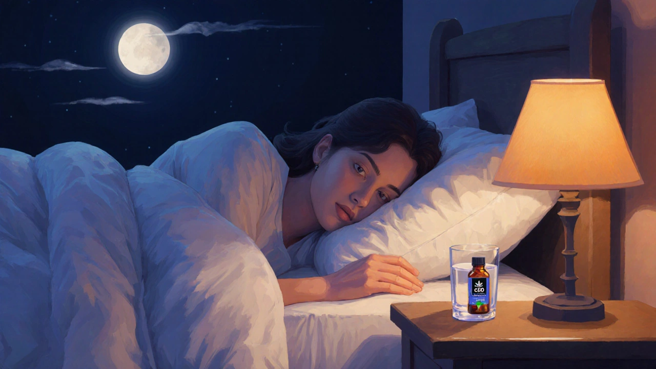 Osoba spí v temné ložnici s lávkou CBD gumiček na nočním stolku pod měsíčním světlem.