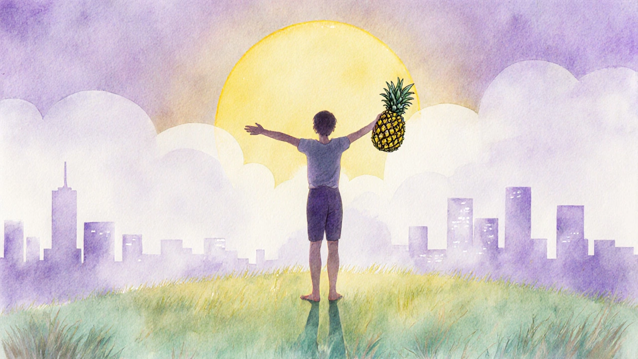 Osoba stojící na louce v ranním světle, držící klas konopí, obklopená mlhou a slunečním zářením.