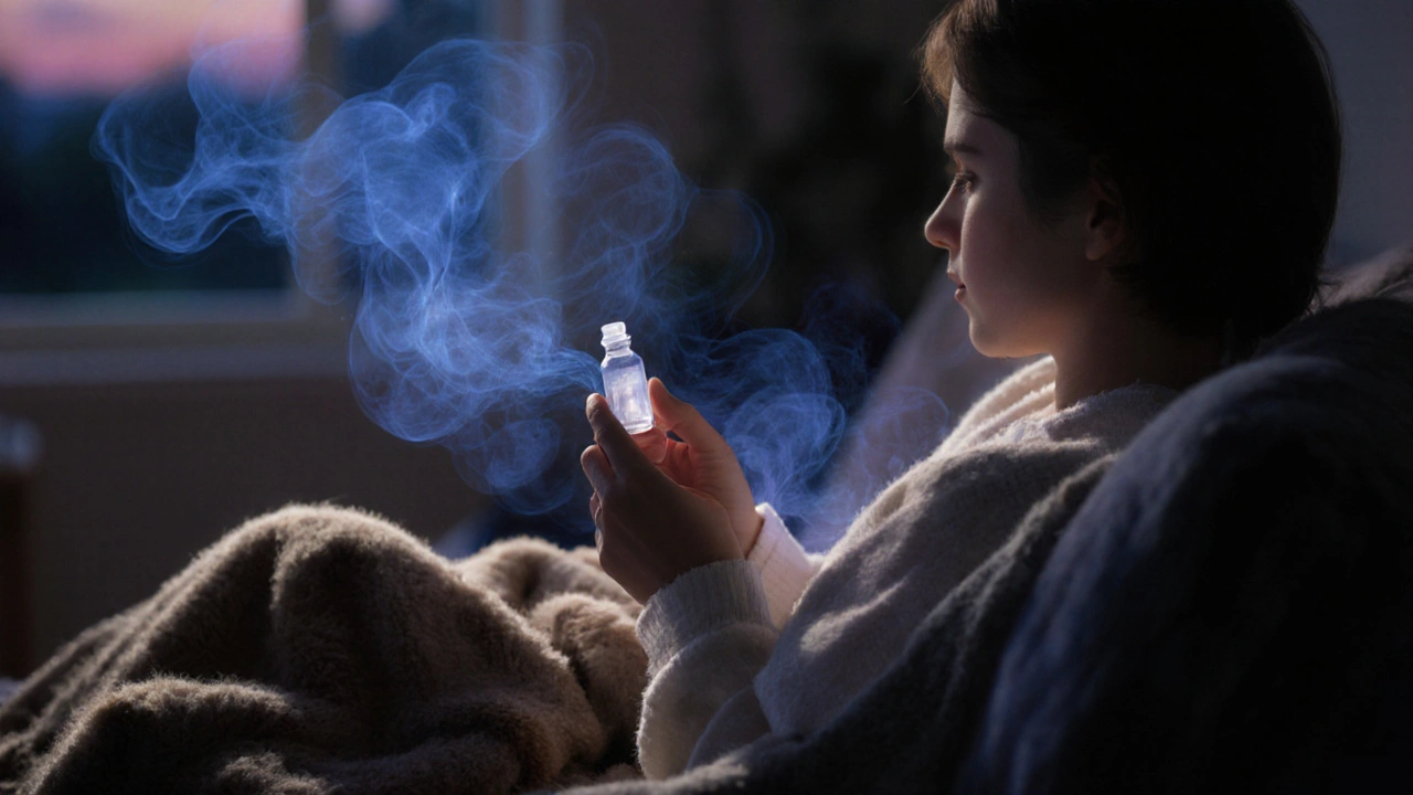 Osoba v klidu večer s CBD shatterem, obklopená uklidňujícími vůněmi ve tmě.