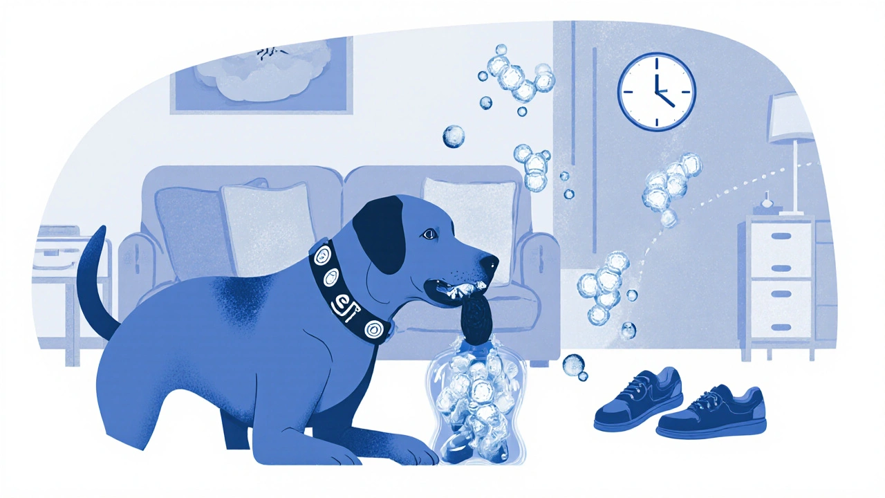 Pes žvýká hračku KONG s CBD olejem, kolem hlavy jemná vlna klidu.