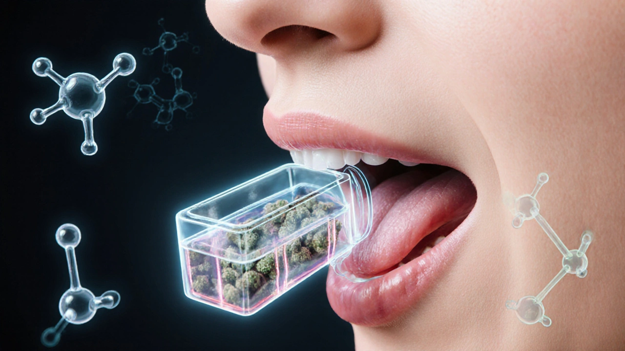 Podrobný náčrt vstřebávání kanabinoidů pod jazykem do krevního oběhu.