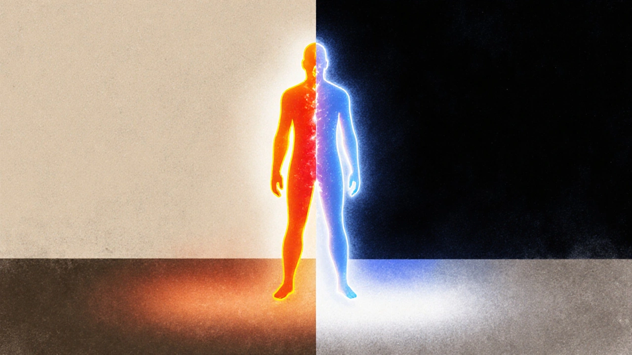 Postava rozdělená na tři části s různými odstíny světla symbolizujícími sílu kanabinoidů.