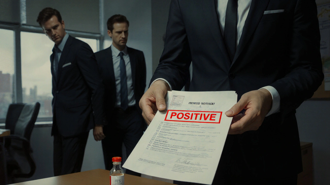 Profesionál dostává kladný výsledek drogového testu, zatímco kolegové se od něj obrací, HHC lahvička padá na podlahu.