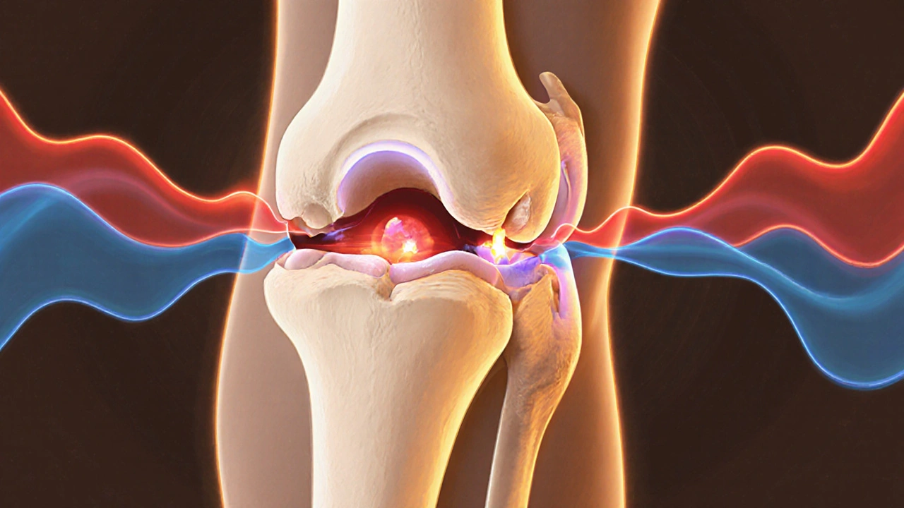 Průřez kloubu s CBD molekulami interagujícími s receptory a snižujícími zánět.