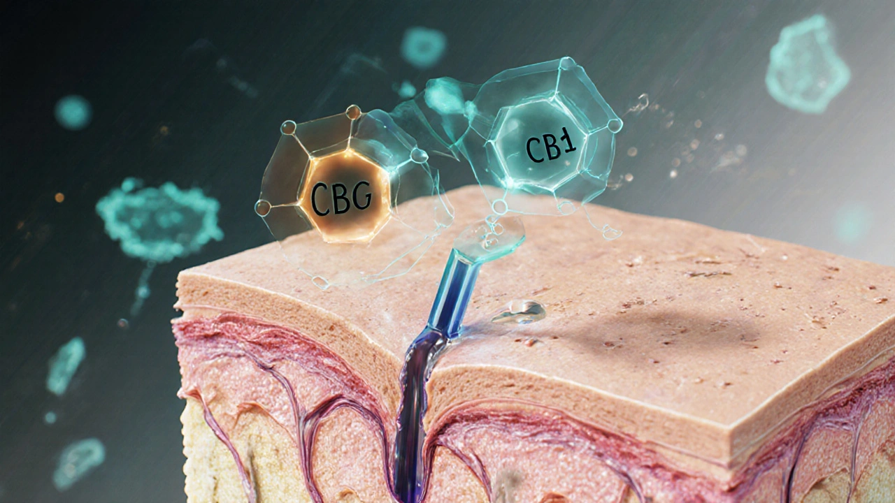 Průřez kůže s CBG molekulami potlačujícími zánět a příliš rychlý růst buněk.