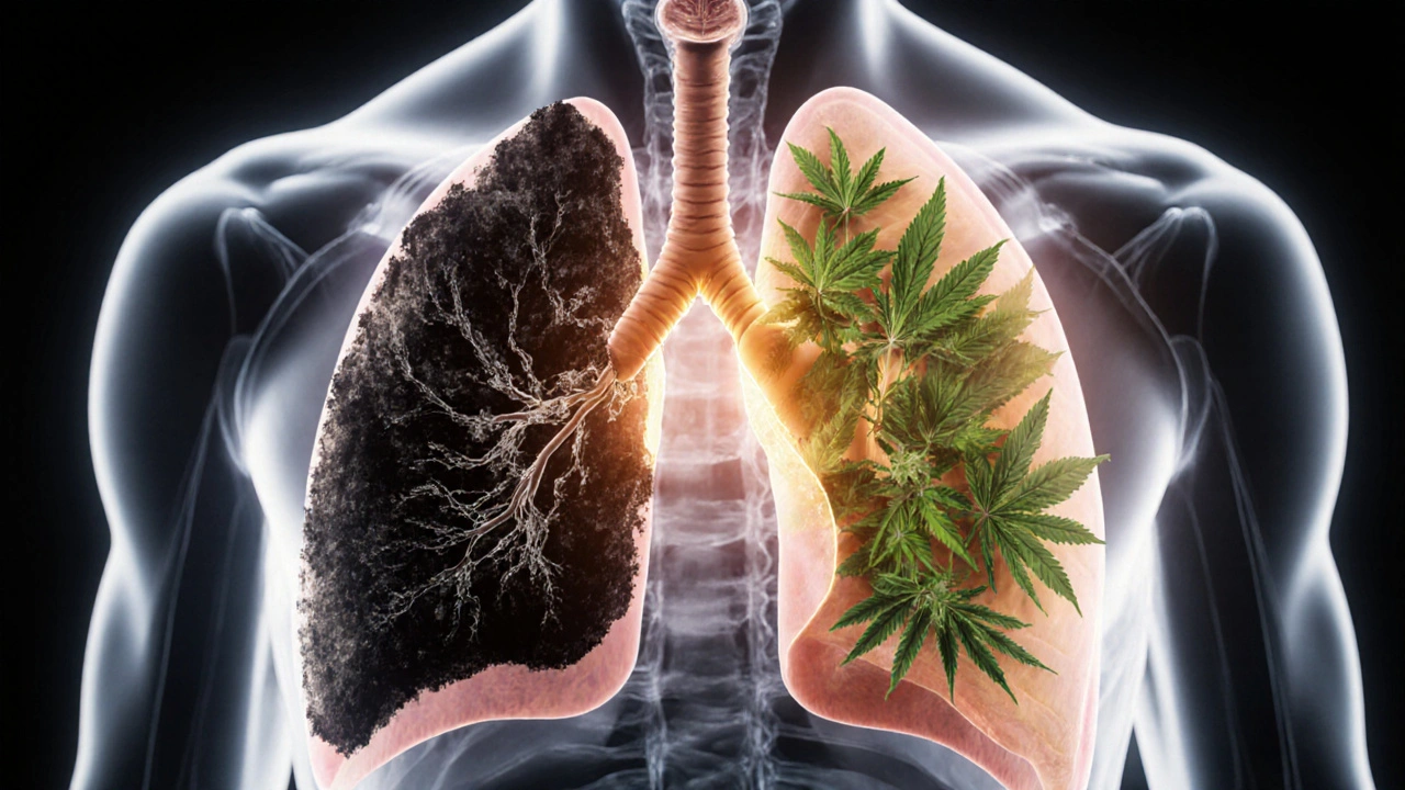 Průřez plicí: jedna strana znečištěná tarom, druhá čistá s CBD listy a zlatým světlem.