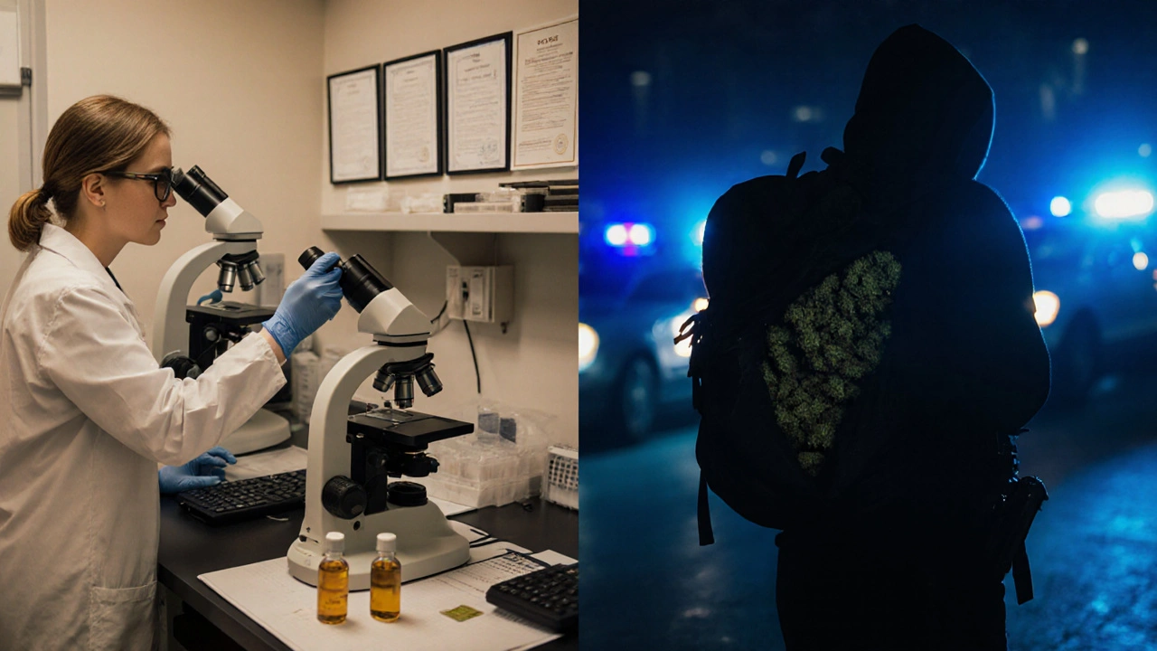 Rozdělený scénář: laboratoř s CBD na levé straně, tajná marihuána s policií na pravé