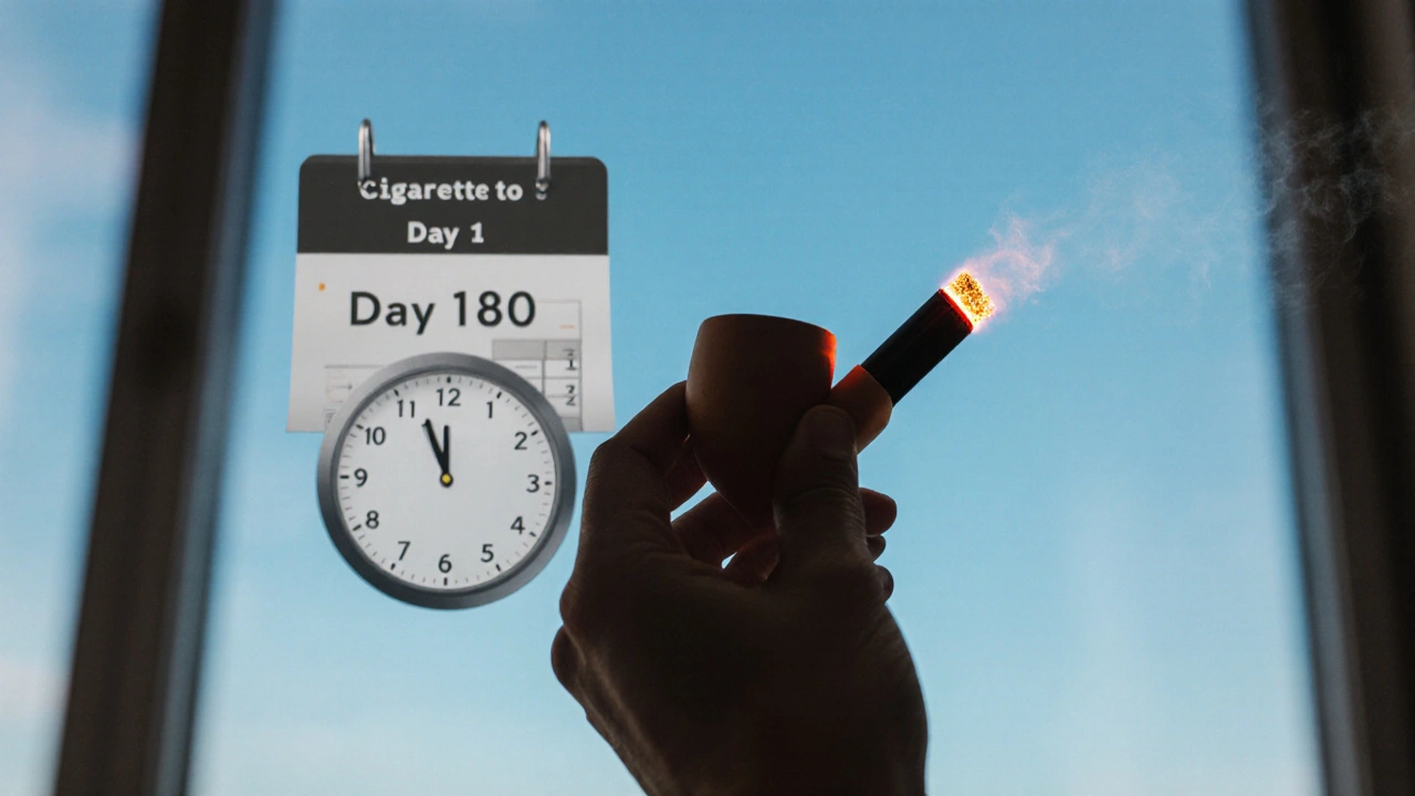 Ruka drží pipe s CBD hashem, na pozadí hodiny a kalendář s přechodem z tabáku na CBD.