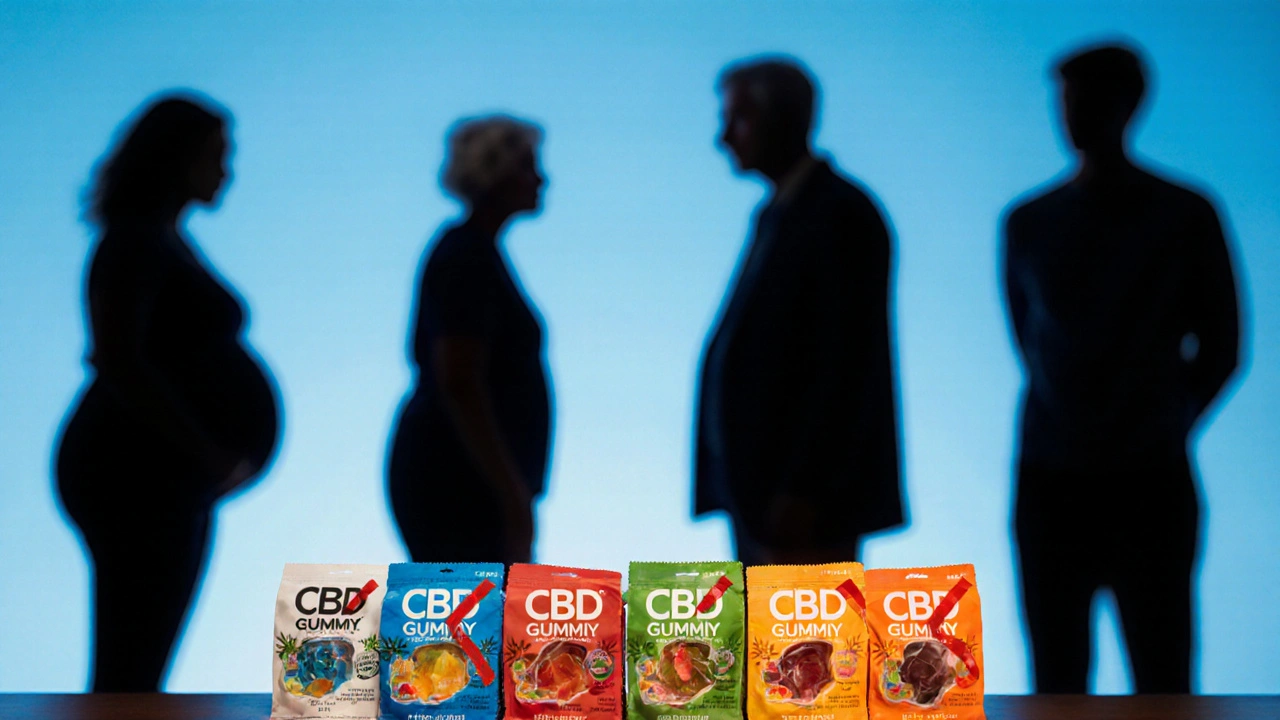 Různí lidé se vzdalují od police s CBD gumičkami, symbolizující opatrnost.