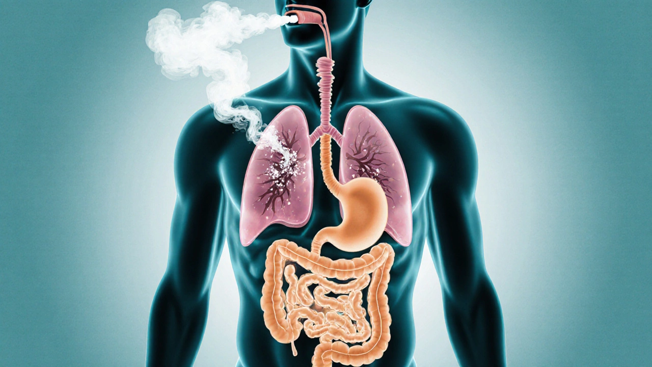 Srovnání účinku CBD přes plicní systém a trávicí trakt.