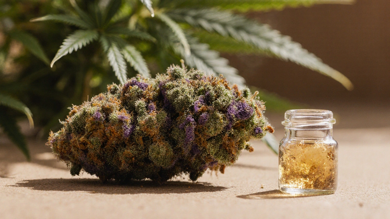 Sušené květy konopí vedle nádoby s shatterem