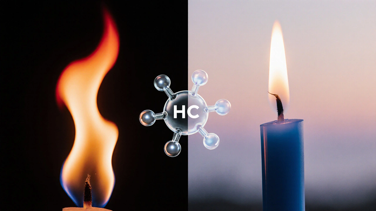 Symbolické porovnání: silný oheň THC a klidná plamen HHC s molekulární strukturou mezi nimi.