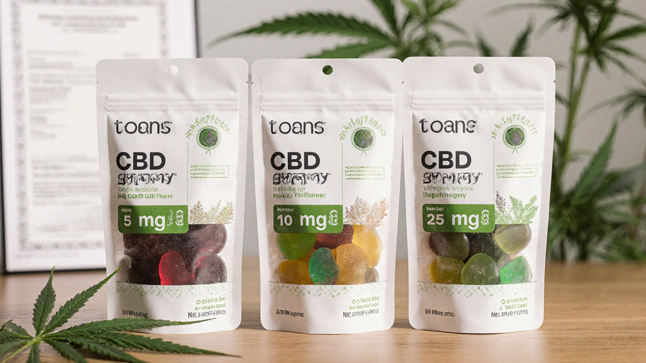 Tři balení CBD gumiček s různými dávkami na dřevěném stole s certifikátem a listy konopí.