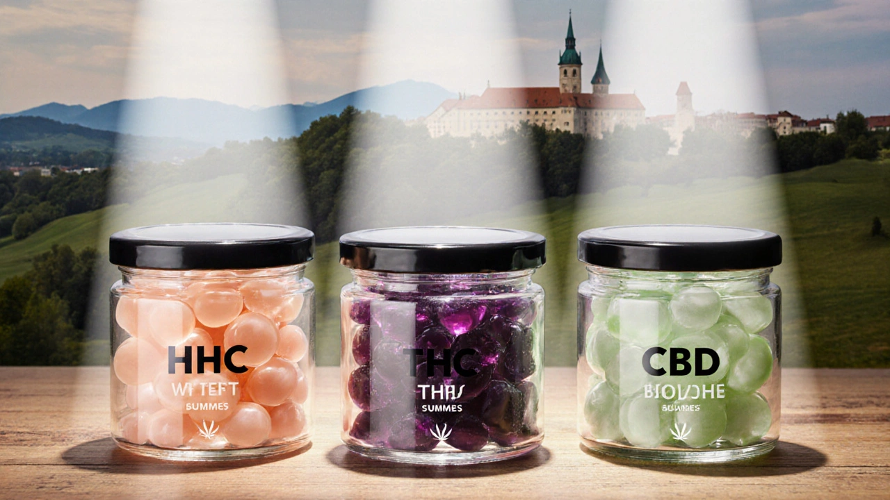 Tři skleněné nádoby s HHC, THC a CBD gumičkami na dřevěném stole.