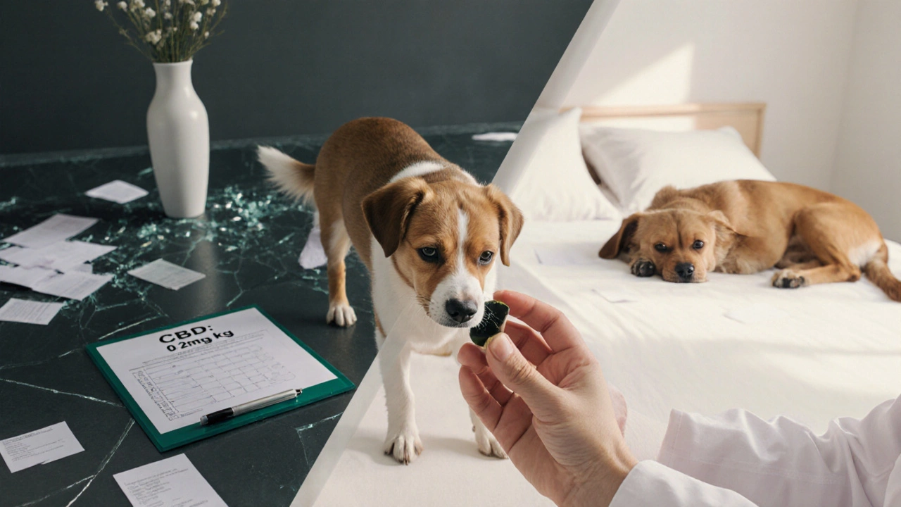 Veterinář podává CBD olej psu, pozadí ukazuje kontrast stresu a klidu.