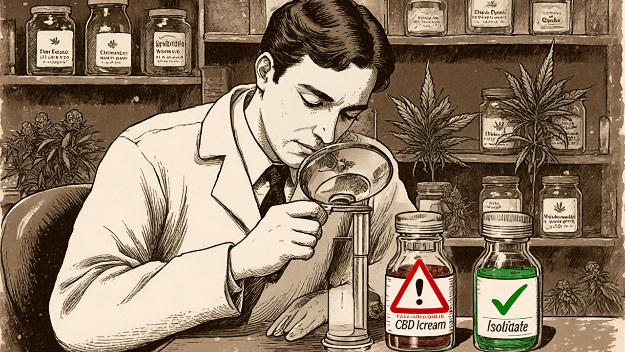 Vetřelý obraz laboratorního technika analyzujícího močový vzorek s dvěma vialami CBD produktů.