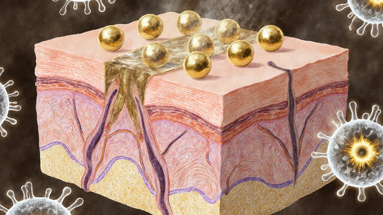 Vizuální znázornění CBD molekul v kůži, které nepronikají do krevního oběhu.