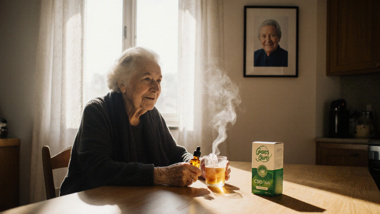 Žena pije CBD čaj a drží olej, za ní fotografie s dřívějšími žvýkačkami.