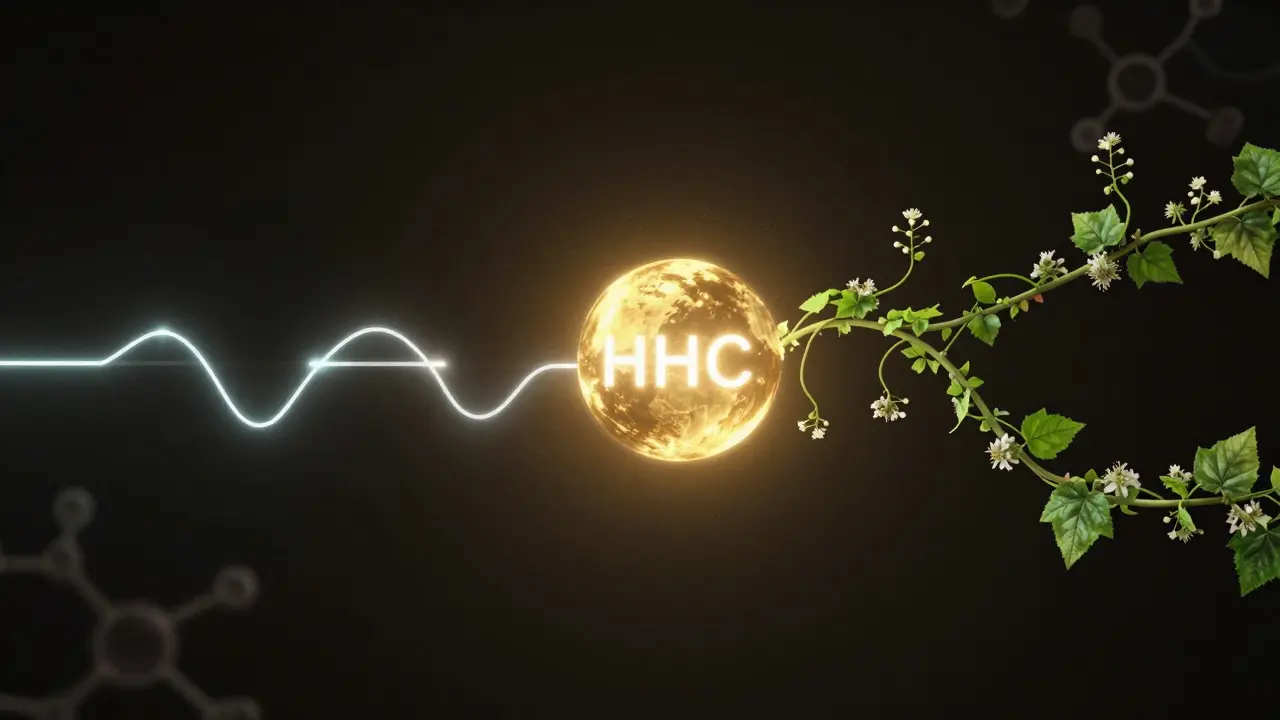 Abstraktní grafika dvou cest k HHC účinku: digitální čára a přírodní větev spojené do zlatého světla.