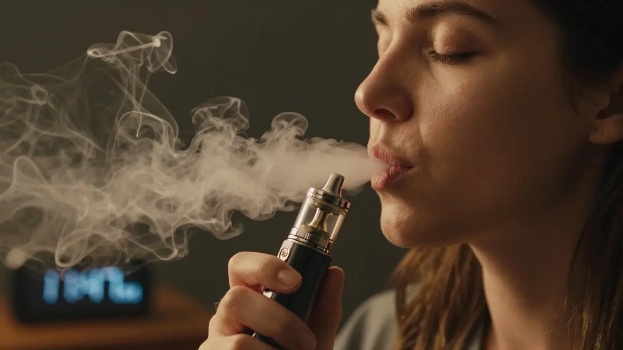 Blízký pohled na člověka, který vdechuje jemnou páru z CBD vape zařízení před spaním.