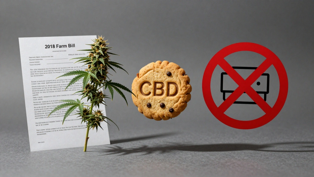 CBD sušenka mezi federálním zákonem a FDA, symbolizující právní nejistotu