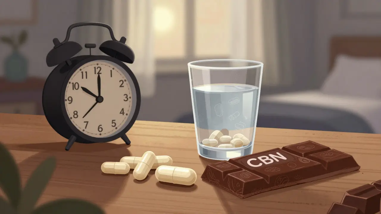 CBN kapsle a čokoláda na stole vedle hodin, symbolizující různé způsoby užívání.