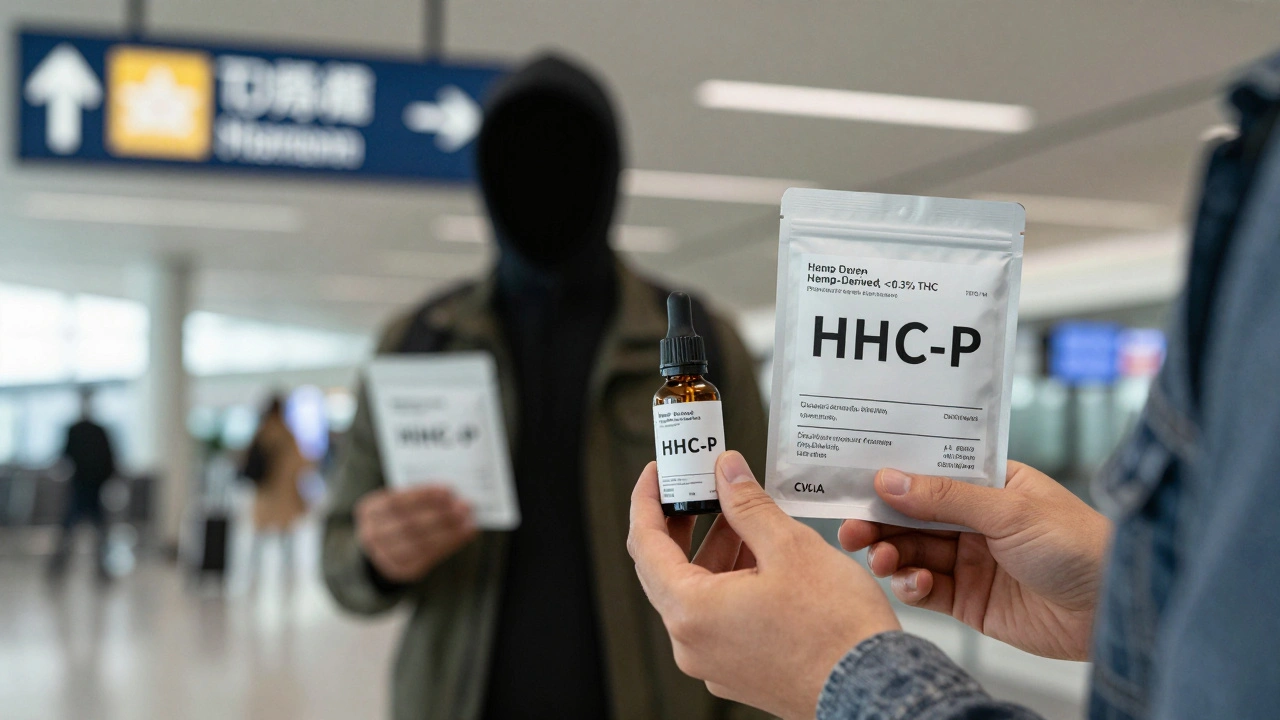 Cestující drží CBD olej s certifikátem, zatímco stínový tvar drží HHC-P balíček u mezinárodní brány.