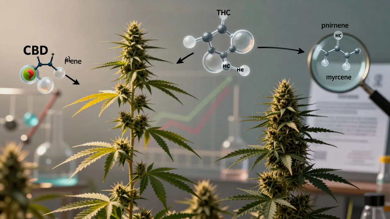 Dva konopné rostliny s převládajícími terpenovými molekulami nad nimi, symbolizující chemii nad klasifikací.