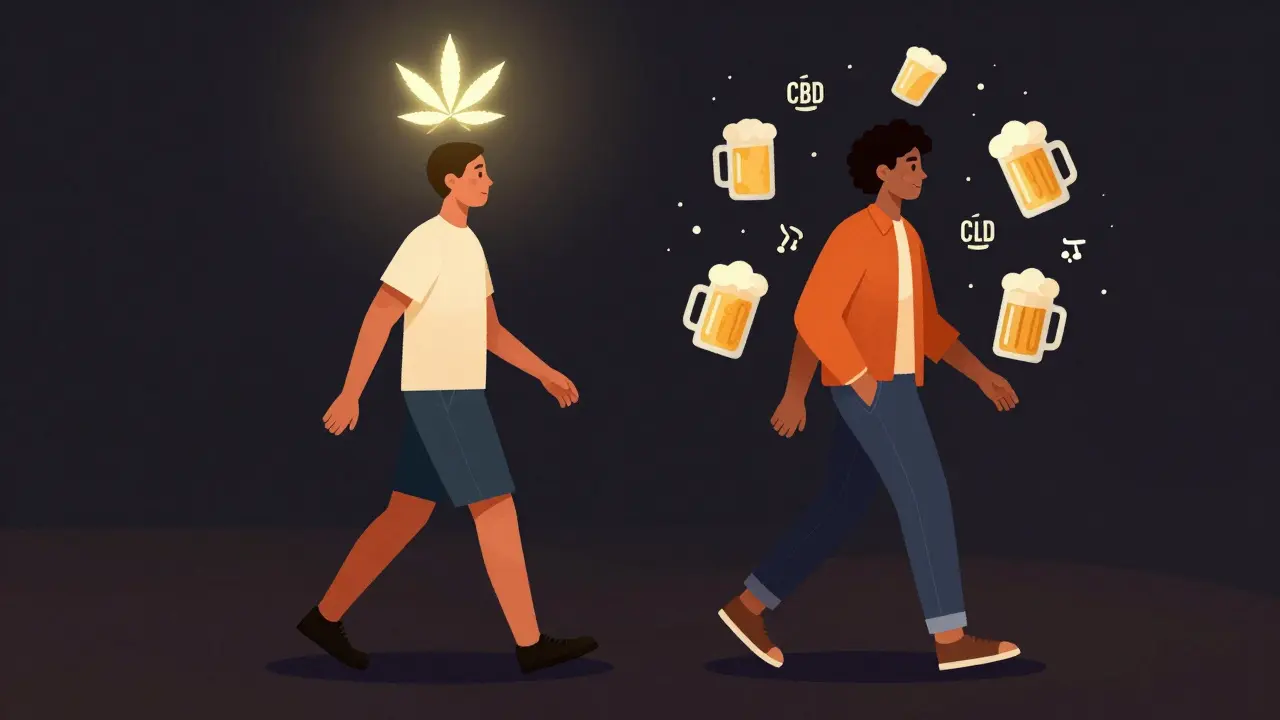 Dva postavy: jedna s CBD molekulou a pohybem, druhá s pivními poháry a kaloriemi.