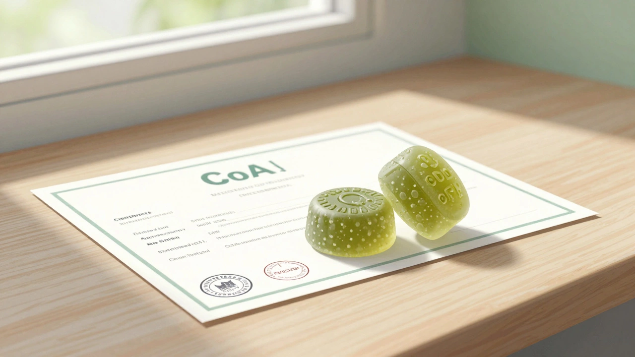 Dvě CBD gumičky na dřevěném povrchu vedle certifikátu o analýze.