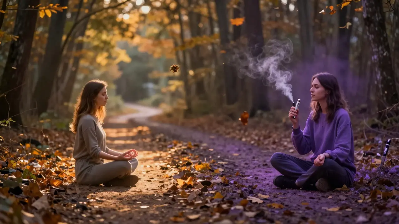 Dvě cesty v lese symbolizují volbu mezi CBD a Delta 8.