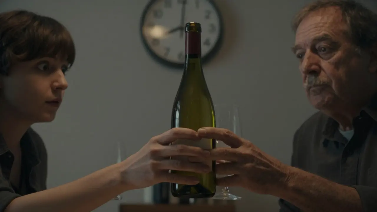 Dvě ruce se dotýkají láhve konopného vína, jedna s úzkostí, druhá s klidem.