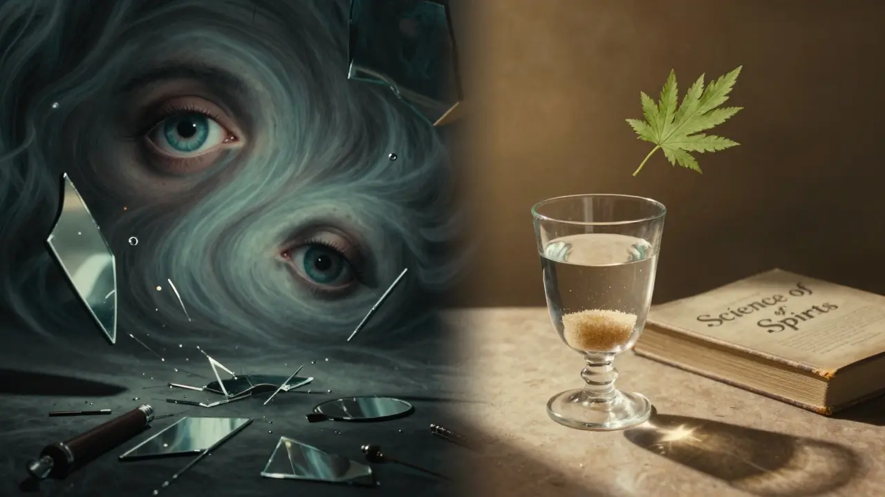 Dvojí scéna: iluze halucinací vlevo, realita absintu vpravo s vodou a cukrem.