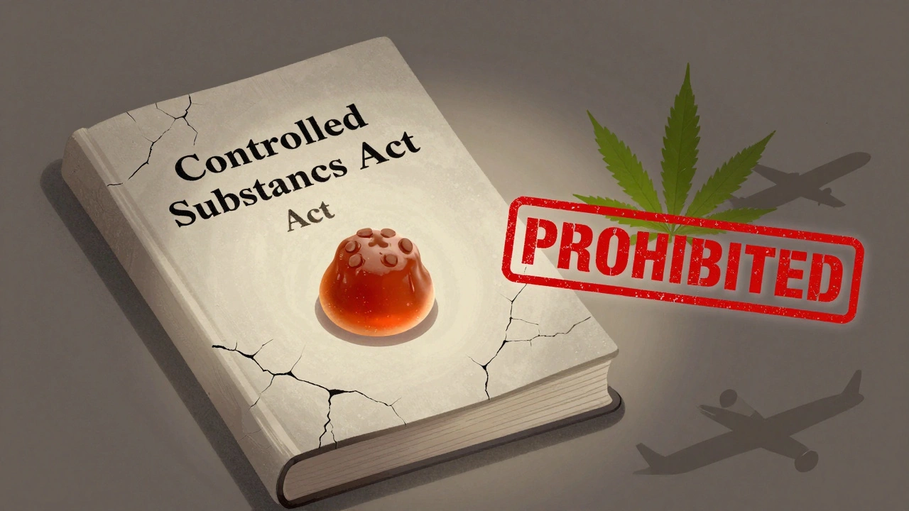 HHC-P bonbón na knize federálního zákona s červeným znakem zakázáno a siluetou letadla.