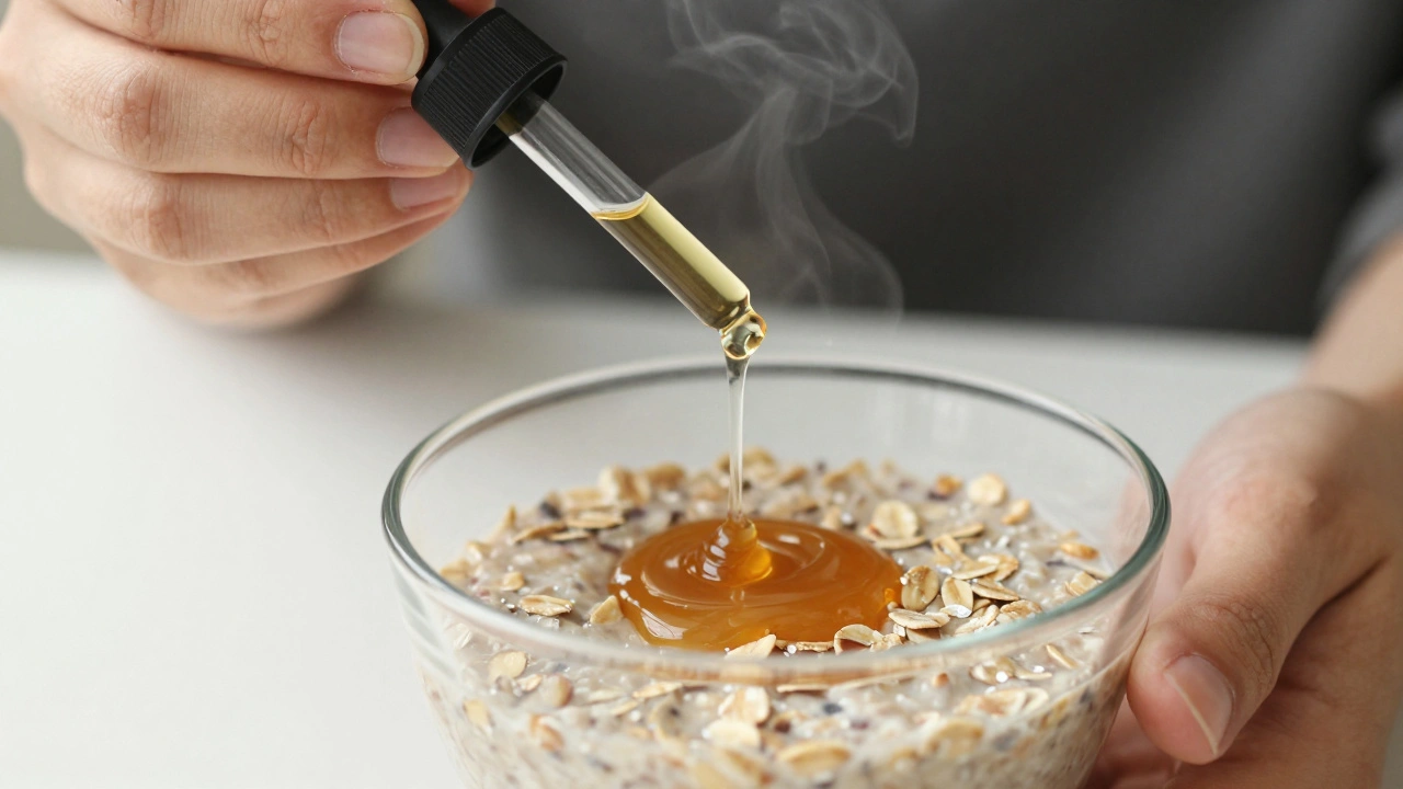 Kapky CBD oleje padají do ovesné kaše s mandlovým máslem.