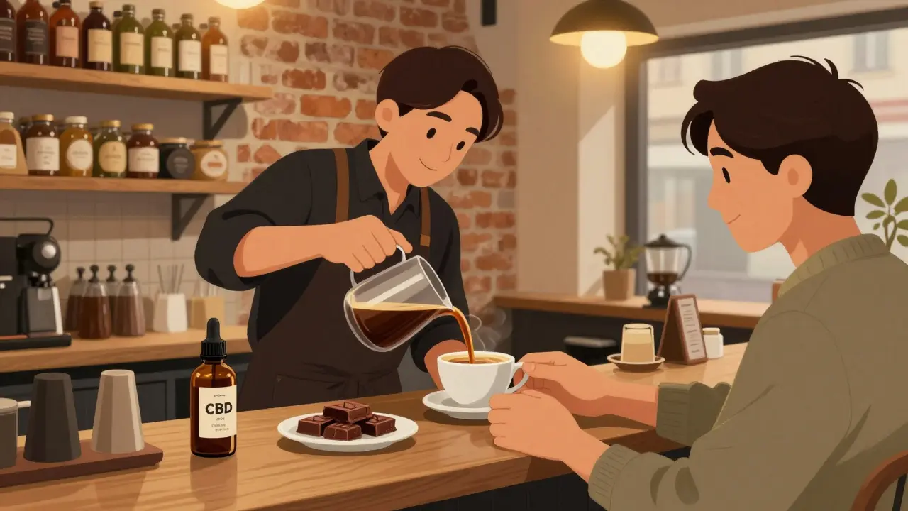 Kavárna v Praze s CBD kávou a čokoládou na stole, teplé osvětlení.