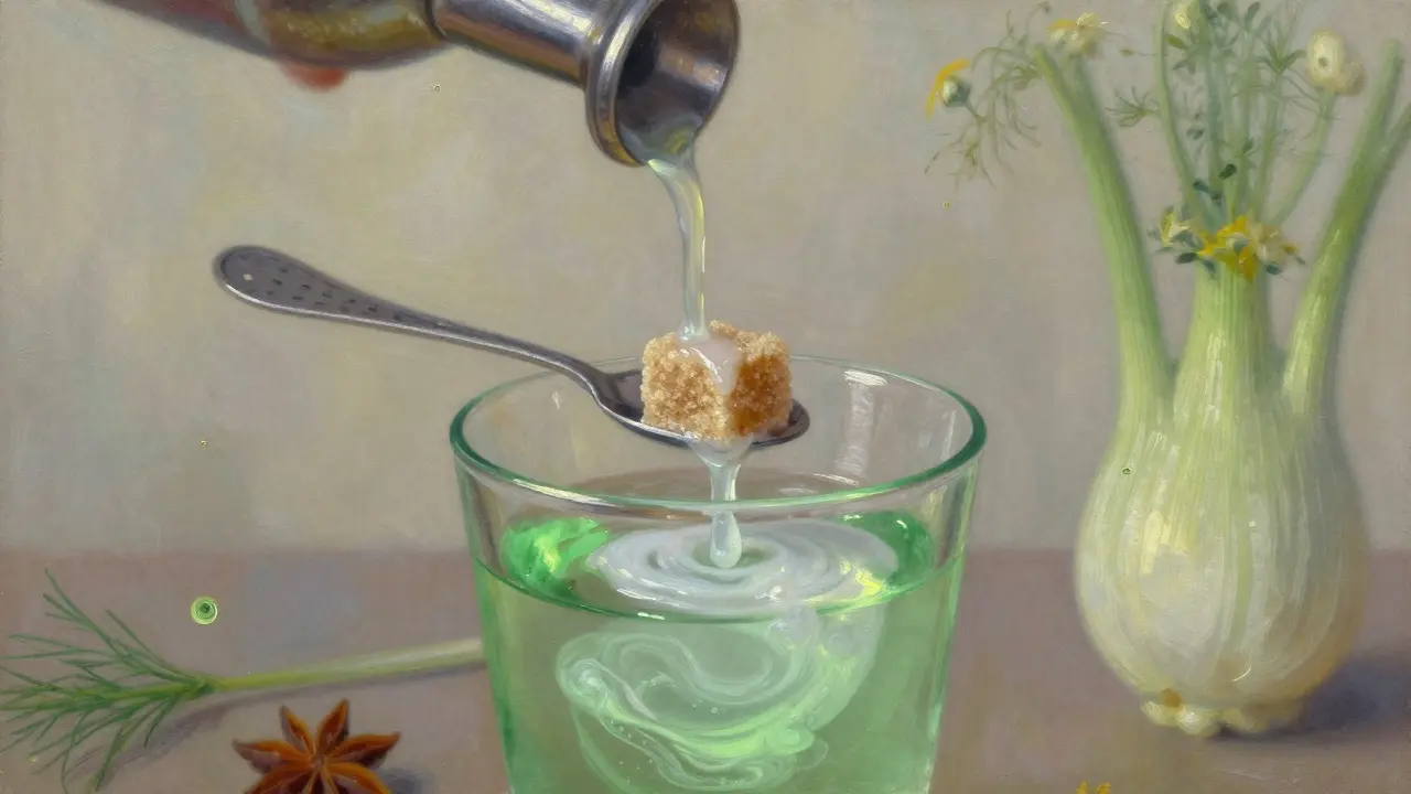 Klasická příprava absintu s kapající vodou a mléčným zákalom v sklenici.