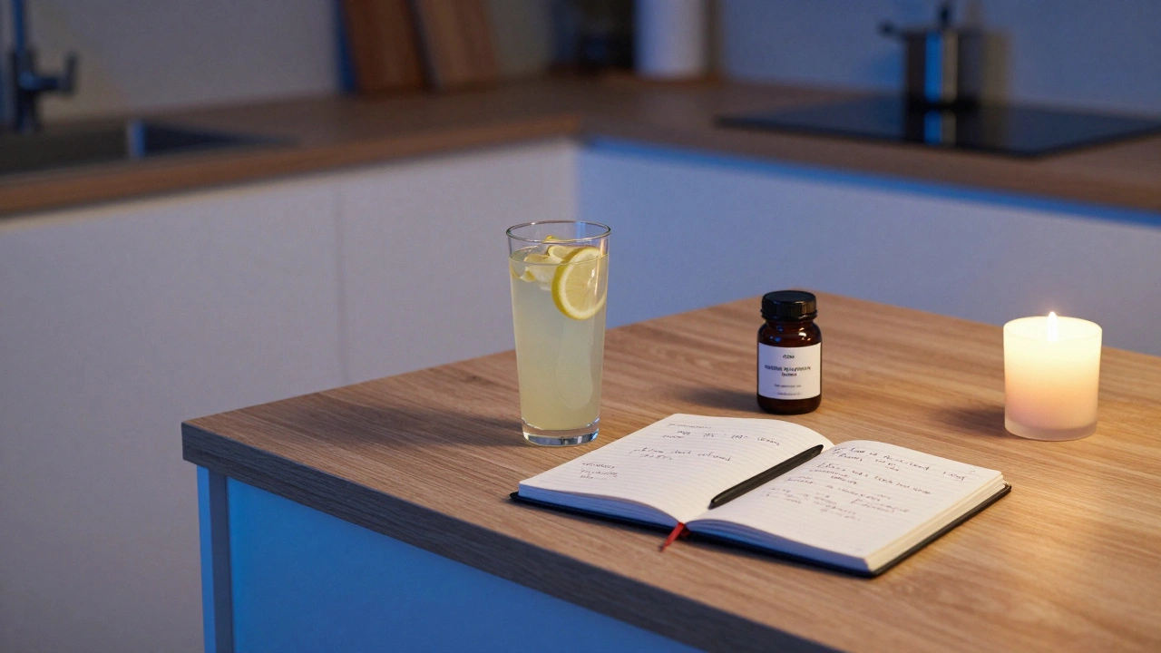 Kuchyňský stolek s CBD limonádou, poznámkami a svíčkou ve večerním světle.