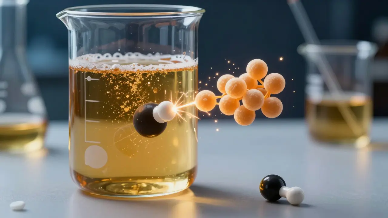 Laboratorní baňka s pivem, kde CBD rozkládá tukové buňky, alkohol je na straně.