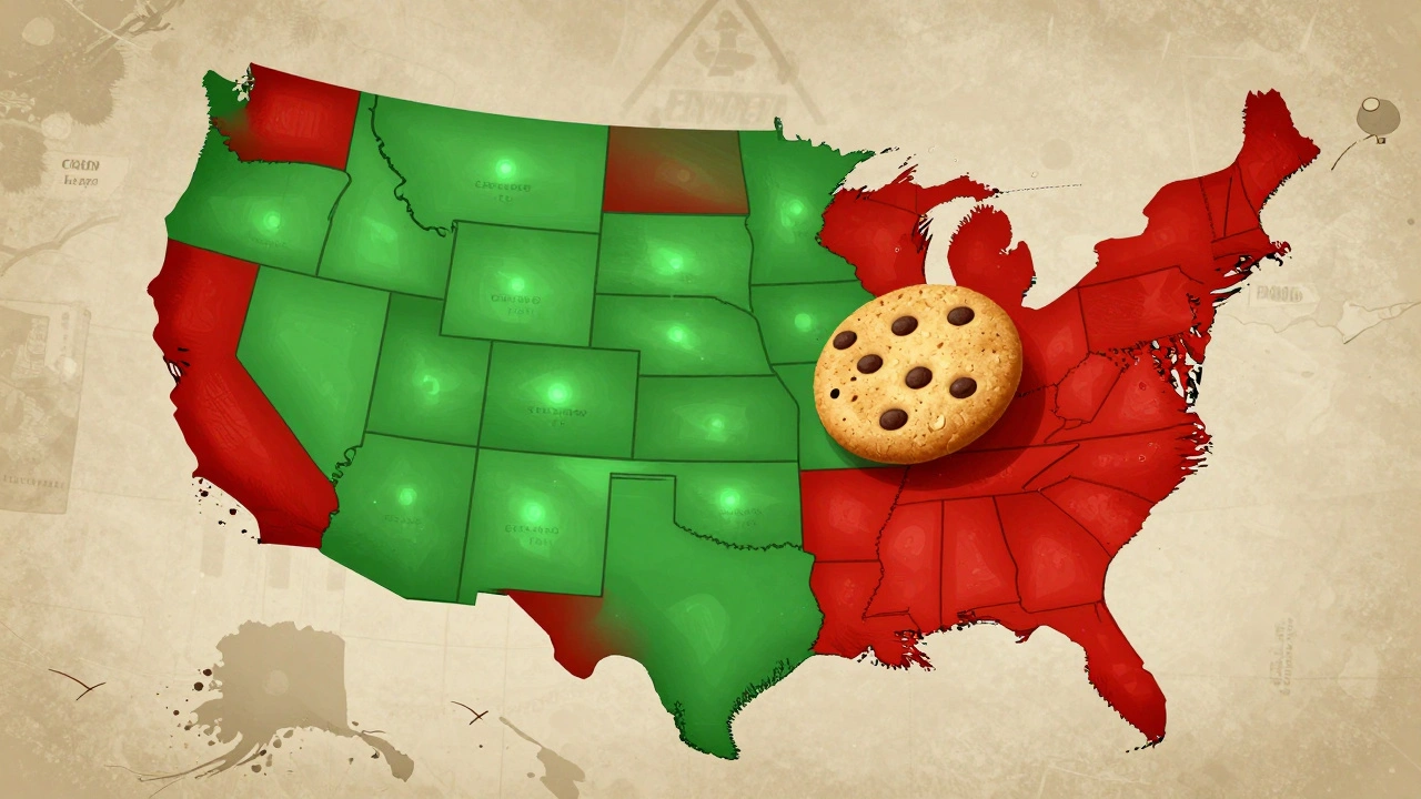 Mapa USA s označenými státy, kde jsou CBD eduliky legální nebo zakázané