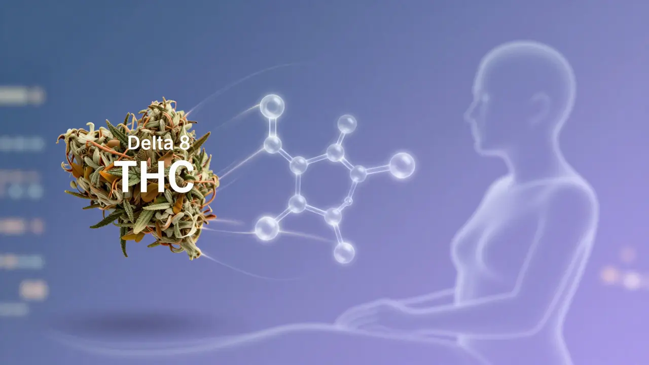 Molekulární struktura Delta 8 vedle konopného květu s energetickými linkami.