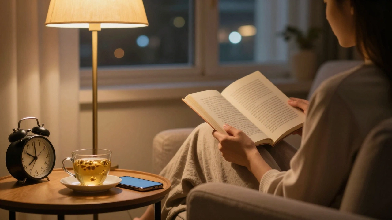 Osoba čte knihu v křesle večer, telefon vypnutý, teplé osvětlení.