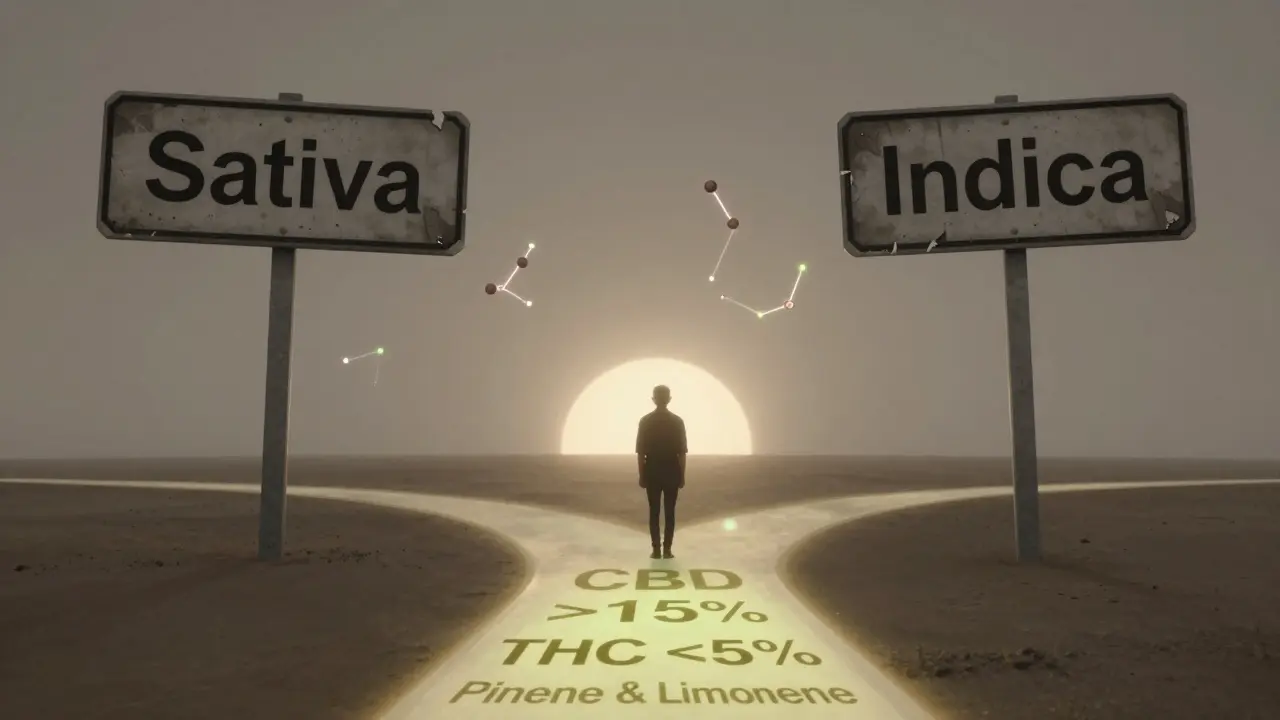 Osoba stojí u zanikajících značek sativa a indica, směřující k cestě označené správným chemickým složením.