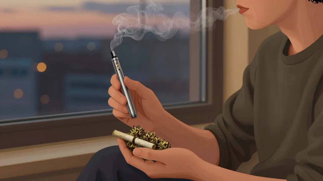 Osoba u okna s vape penem a kouřenými květy v tichém večerním prostředí.