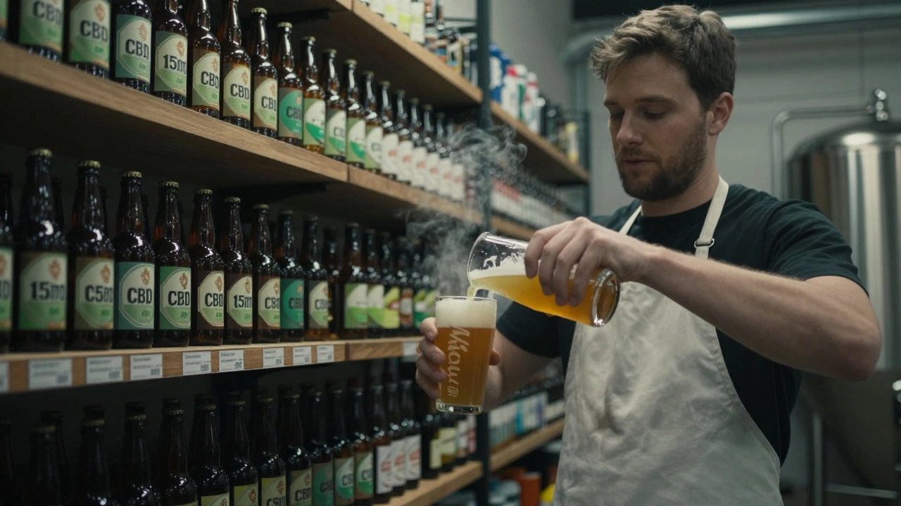 Příprava CBD piva v českém pivovaru s průhledným nápojem v poháru.