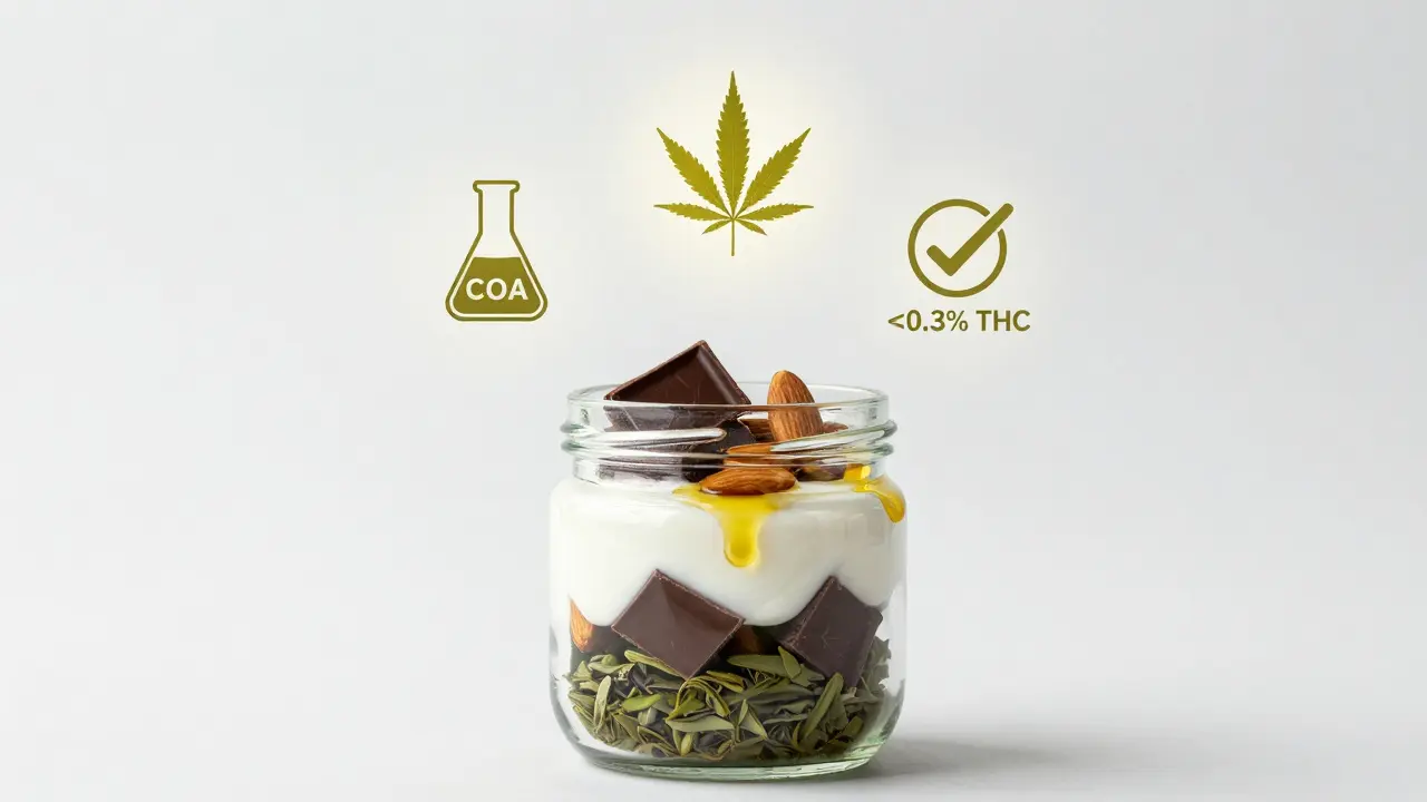 Průhledná sklenice s vrstvami CBD potravin a symboly kvality.