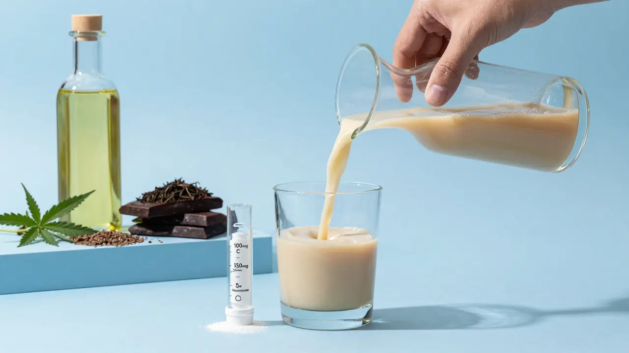 Ruka nalévá dokonale homogenizovaný konopný nápoj do sklenice, vedle měřítko s dávkami vitaminu C, magnézia a zinku.